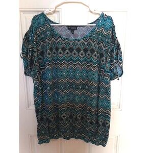 I.N. Studio Womens Blouse Black Teal Tan Tied Sleeve Stretch Bottom Size 2X